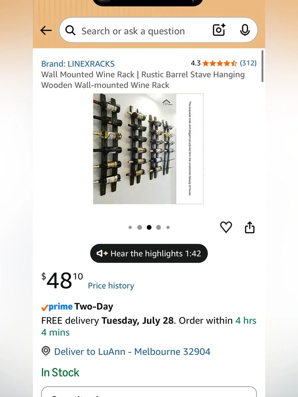 New Open Box 1 Wall Mounted Wine Rack | Rustic Barrel Stave Hanging Wooden Wall-